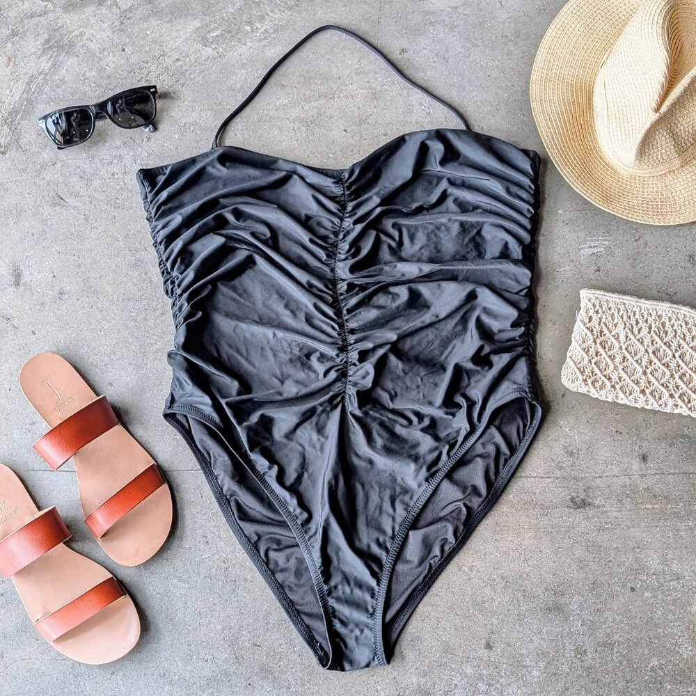 J. Crew Black Ruched Sweetheart One-Piece Swimsuit size 18